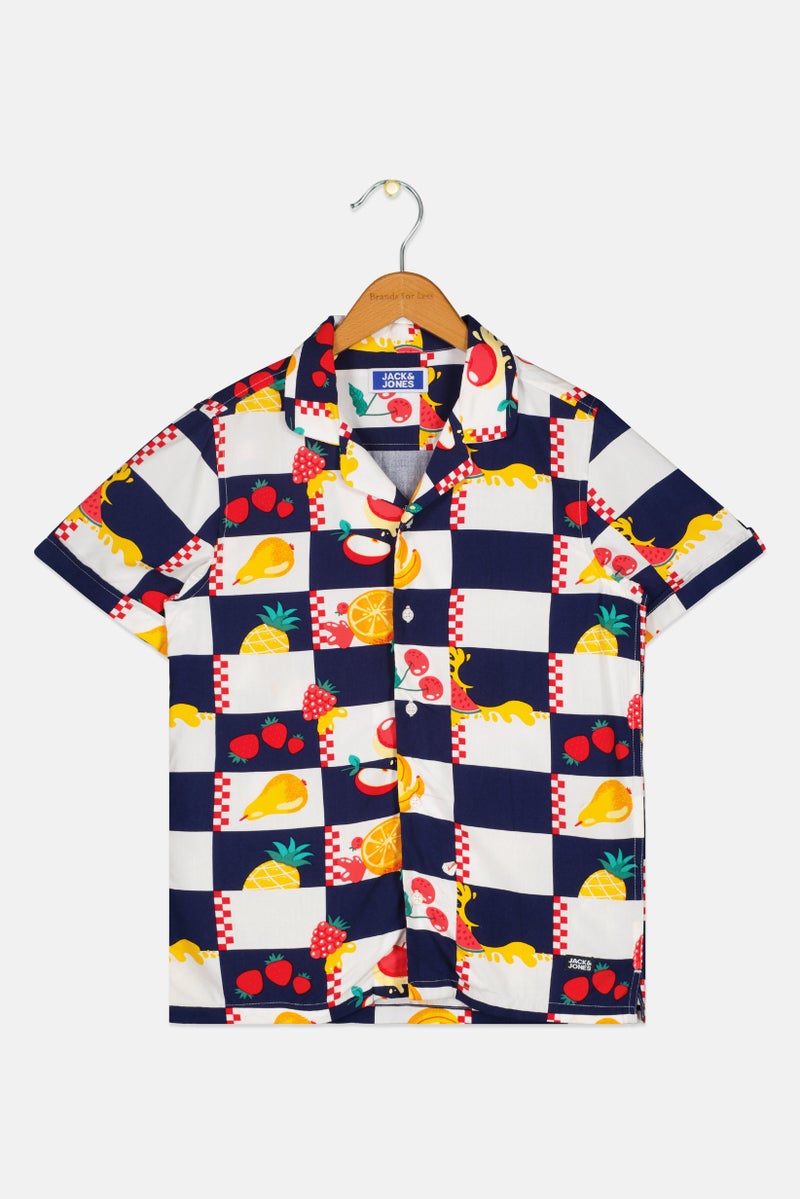 JACK & JONES Kids Boy Notched Collar Short Sleeve Allover Print Casual Shirt, Multicolor - Image 1