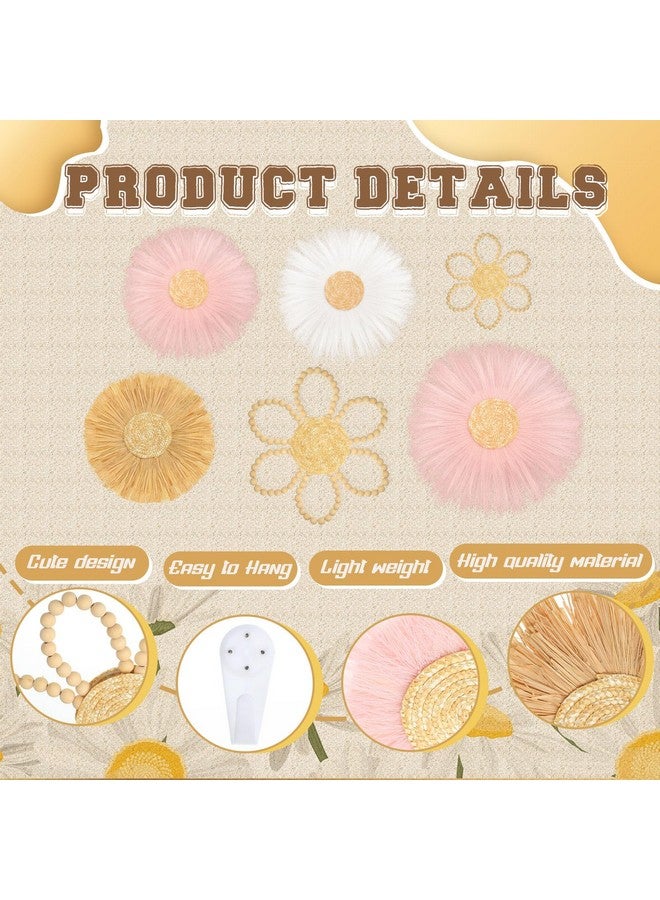 Soaoo 6 Pcs Boho Nursery Decor for Girl Daisy Flower Woven Macrame Wall Hanging Bohemian Nursery Wall Decor Flowers for Baby Girls Kids Dorm(Pink, White, Beige) - Image 3