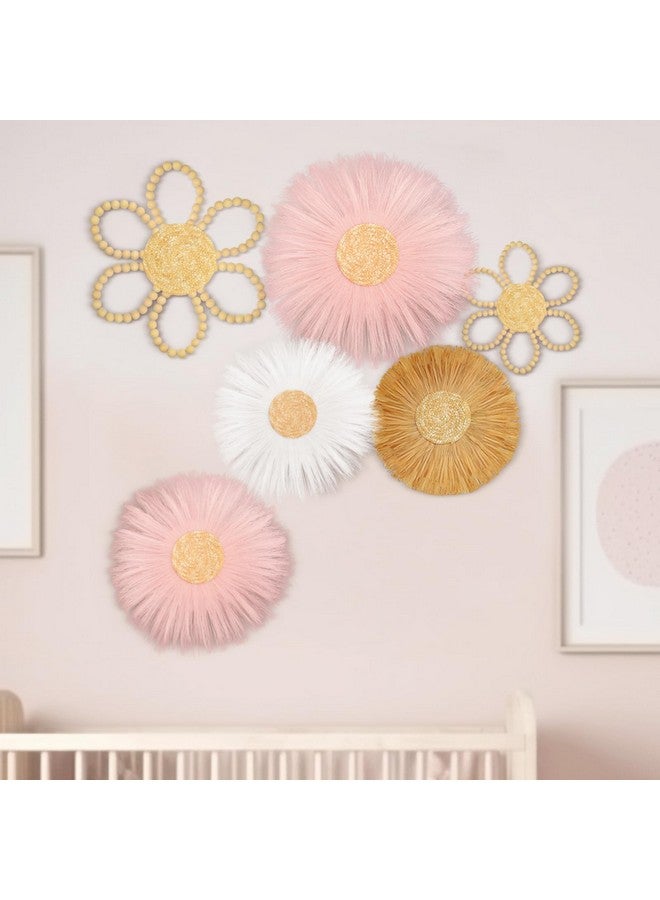 Soaoo 6 Pcs Boho Nursery Decor for Girl Daisy Flower Woven Macrame Wall Hanging Bohemian Nursery Wall Decor Flowers for Baby Girls Kids Dorm(Pink, White, Beige) - Image 1