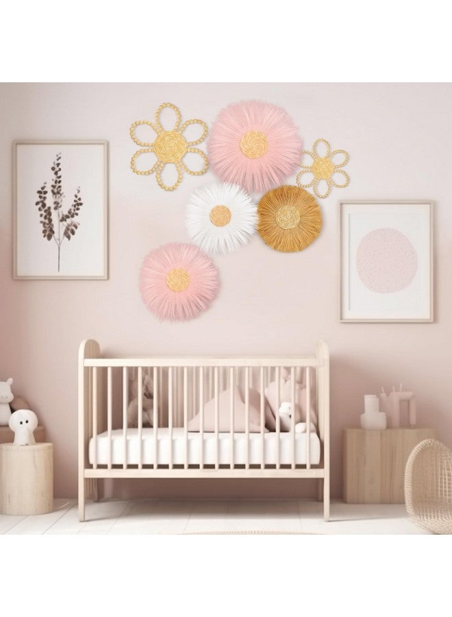 Soaoo 6 Pcs Boho Nursery Decor for Girl Daisy Flower Woven Macrame Wall Hanging Bohemian Nursery Wall Decor Flowers for Baby Girls Kids Dorm(Pink, White, Beige) - Image 5