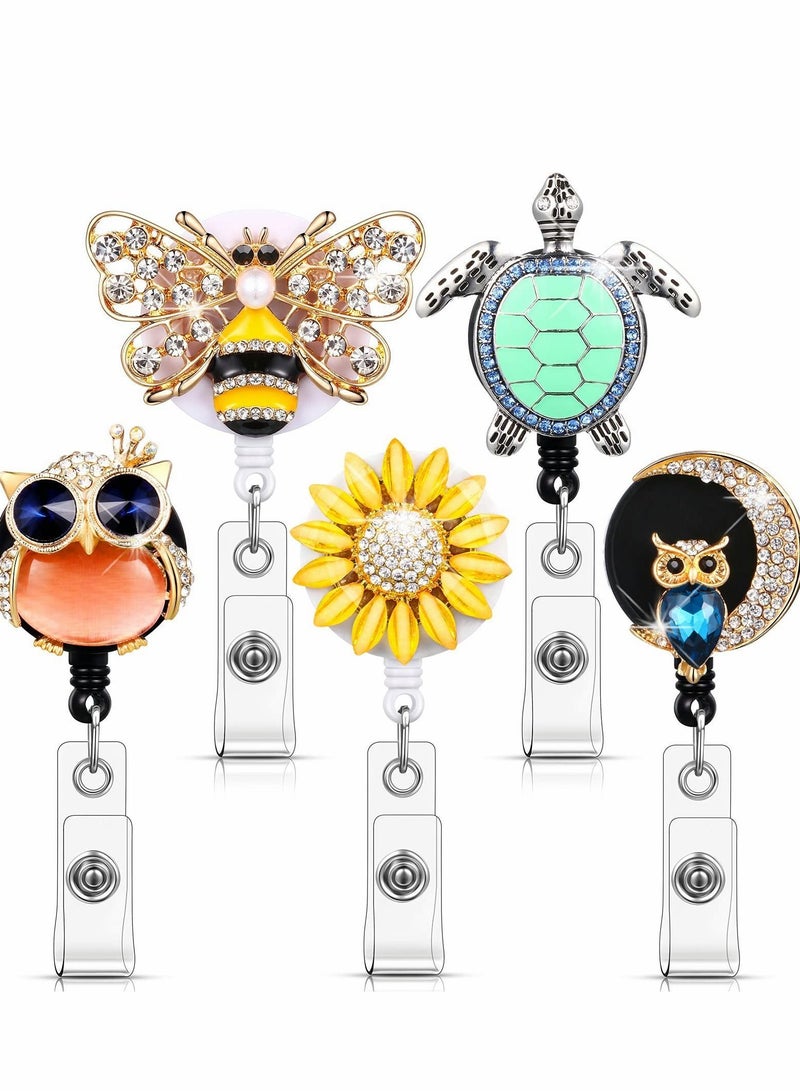 Y&D Crystal Badge Reels 5Pcs Retractable Rhinestone Holder ID Name with Alligator Swivel Clip for Teacher Worker Nurse Gift (Turtle, Bee, Owl, Flower) - Image 1