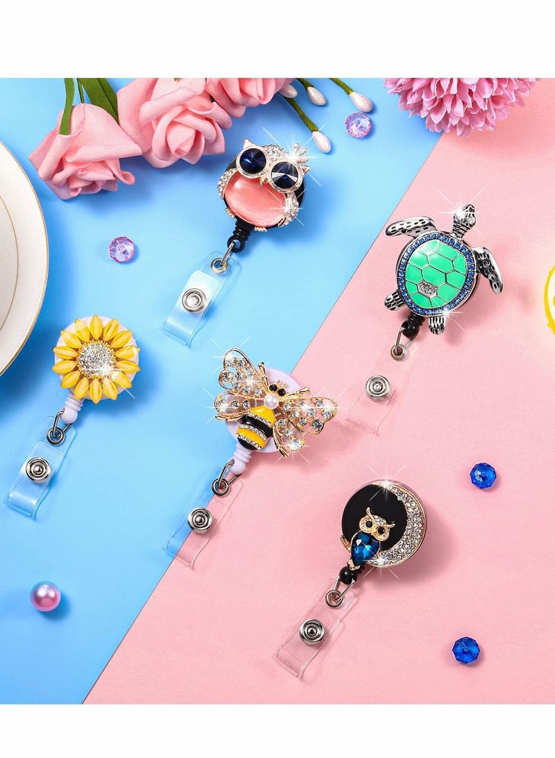 Y&D Crystal Badge Reels 5Pcs Retractable Rhinestone Holder ID Name with Alligator Swivel Clip for Teacher Worker Nurse Gift (Turtle, Bee, Owl, Flower) - Image 5