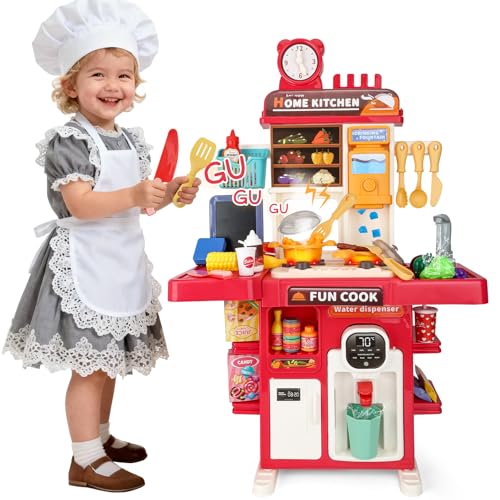 Drmukie Upgrade Toy Kitchen Set for Kids Toddlers Mini Kitchen Playset with Spray Sink Realistic Lighting Pretend Cooking Toys for 3 4 5 Year Old Girls Boys Gifts Red - Image 1