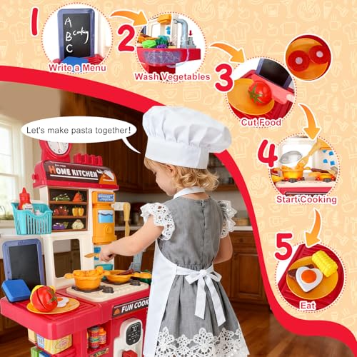 Drmukie Upgrade Toy Kitchen Set for Kids Toddlers Mini Kitchen Playset with Spray Sink Realistic Lighting Pretend Cooking Toys for 3 4 5 Year Old Girls Boys Gifts Red - Image 5