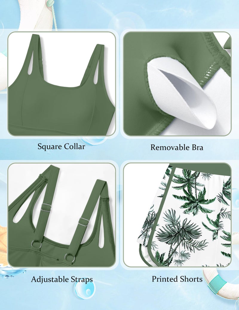 Aulyffo Bathing Suits for Tweens 12-14 Teen Swimsuits for Girl 12-14 Girls Tankini Swimsuit Sets Ruched Swim Tank Top with Bottoms and Boyshorts 3PCS Girls' Swimwear Green - Image 5