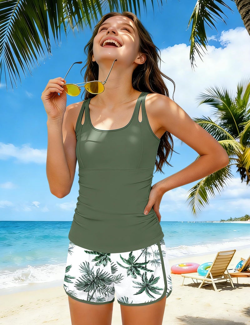 Aulyffo Bathing Suits for Tweens 12-14 Teen Swimsuits for Girl 12-14 Girls Tankini Swimsuit Sets Ruched Swim Tank Top with Bottoms and Boyshorts 3PCS Girls' Swimwear Green - Image 3