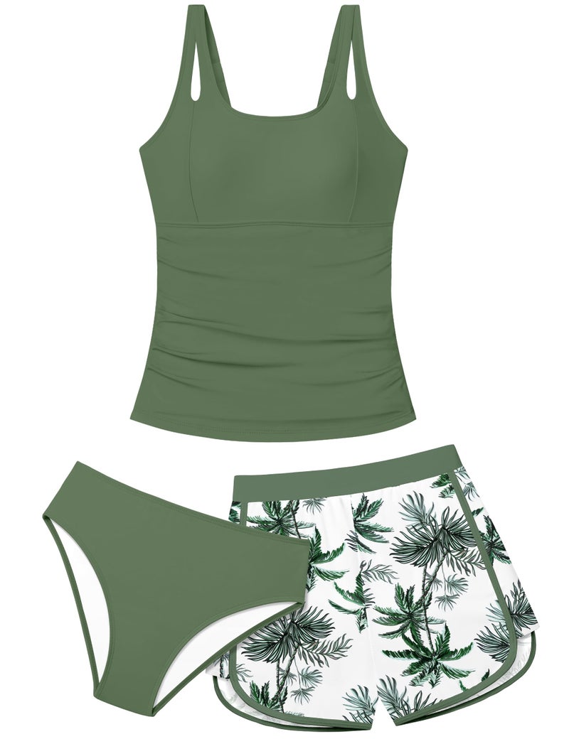 Aulyffo Bathing Suits for Tweens 12-14 Teen Swimsuits for Girl 12-14 Girls Tankini Swimsuit Sets Ruched Swim Tank Top with Bottoms and Boyshorts 3PCS Girls' Swimwear Green - Image 1