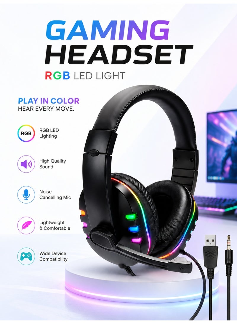 Komc Gaming Headset, Stereo Bass Surround RGB Noise Cancelling Over Ear Headphones Mic and RGB LED Light - Image 1