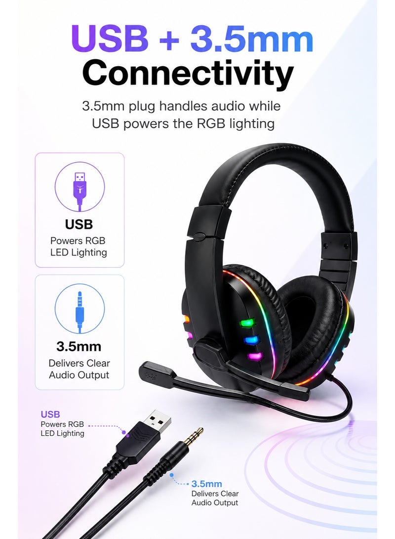 Komc Gaming Headset, Stereo Bass Surround RGB Noise Cancelling Over Ear Headphones Mic and RGB LED Light - Image 2