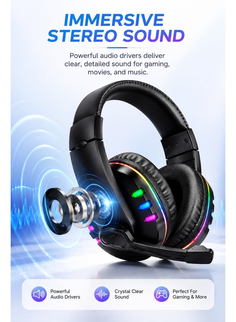 Komc Gaming Headset, Stereo Bass Surround RGB Noise Cancelling Over Ear Headphones Mic and RGB LED Light - Image 4