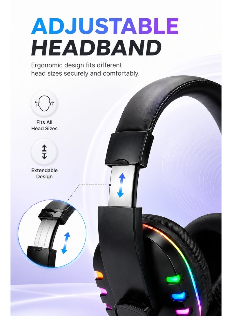 Komc Gaming Headset, Stereo Bass Surround RGB Noise Cancelling Over Ear Headphones Mic and RGB LED Light - Image 5