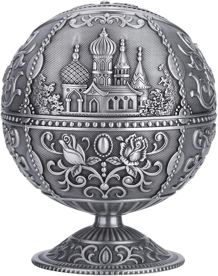 Antique Brass Craft Ashtray Vintage Metal Sphere Stamped Tin Castle Pattern Decorative Item - Image 1