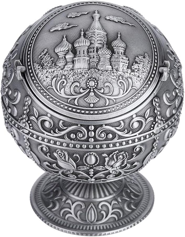 Antique Brass Craft Ashtray Vintage Metal Sphere Stamped Tin Castle Pattern Decorative Item - Image 4