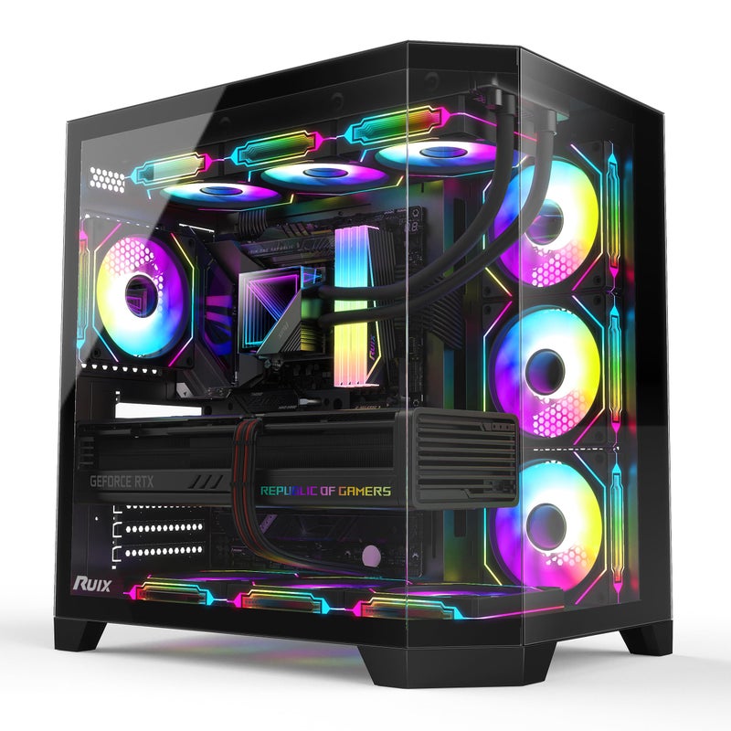 RUIX OV303 ATX Mid-Tower PC Case, Pre-Installed 4 x 120mm Prism ARGB PWM Fans, USB 3.0 & Type-C Ports, High-Airflow Gaming Computer Case - Black - Image 1