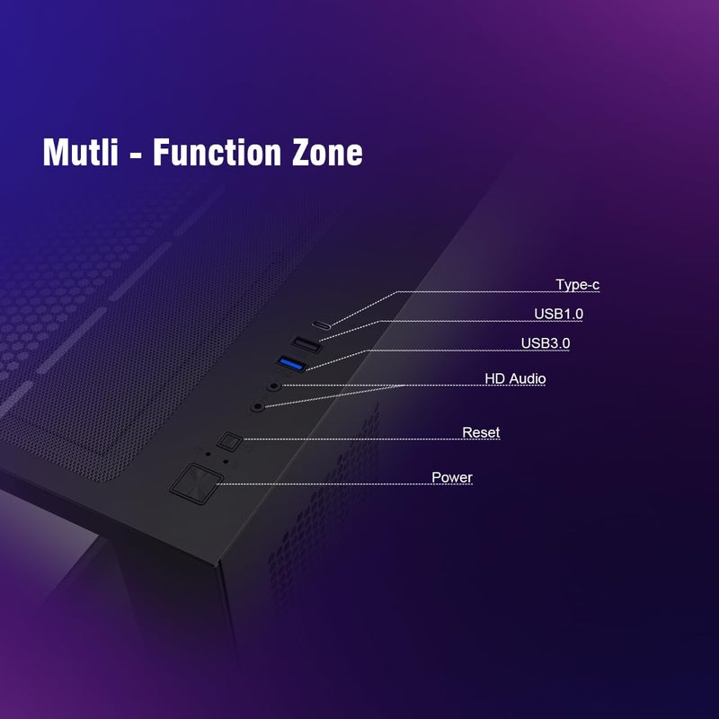 RUIX OV303 ATX Mid-Tower PC Case, Pre-Installed 4 x 120mm Prism ARGB PWM Fans, USB 3.0 & Type-C Ports, High-Airflow Gaming Computer Case - Black - Image 3