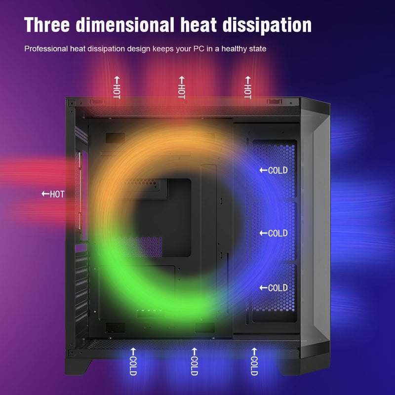 RUIX OV303 ATX Mid-Tower PC Case, Pre-Installed 4 x 120mm Prism ARGB PWM Fans, USB 3.0 & Type-C Ports, High-Airflow Gaming Computer Case - Black - Image 2