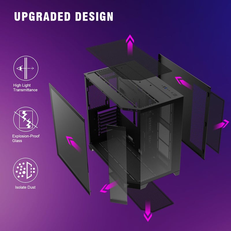 RUIX OV303 ATX Mid-Tower PC Case, Pre-Installed 4 x 120mm Prism ARGB PWM Fans, USB 3.0 & Type-C Ports, High-Airflow Gaming Computer Case - Black - Image 5