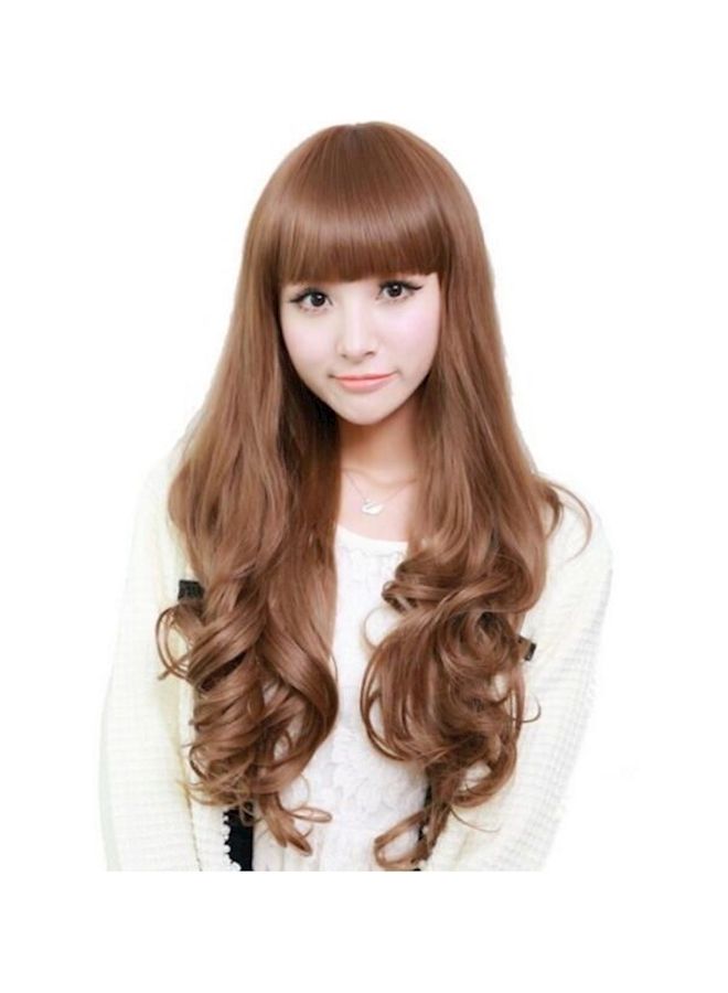NIBEMINENT Flat Bangs Fluffy Long Curled Wig Brown