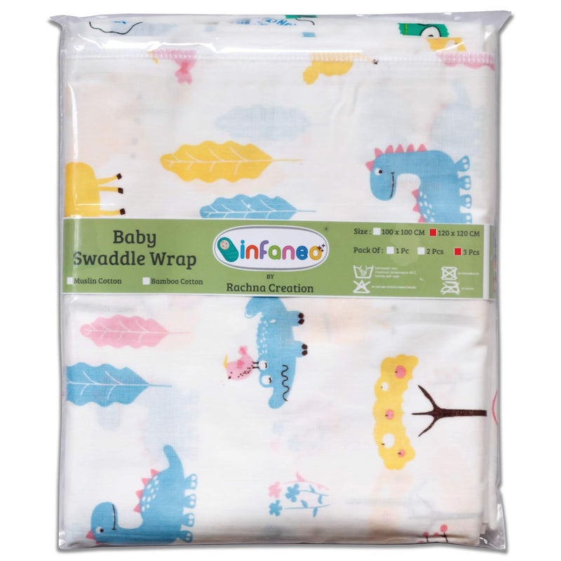 Rachna All Season Organic Muslin Cotton Swaddle Wrap for New Born Super Soft Breathable Printed Baby Wrapping Cloth 18401 White 120 x 120 Centimetres Pack of 3 Prints May Vary