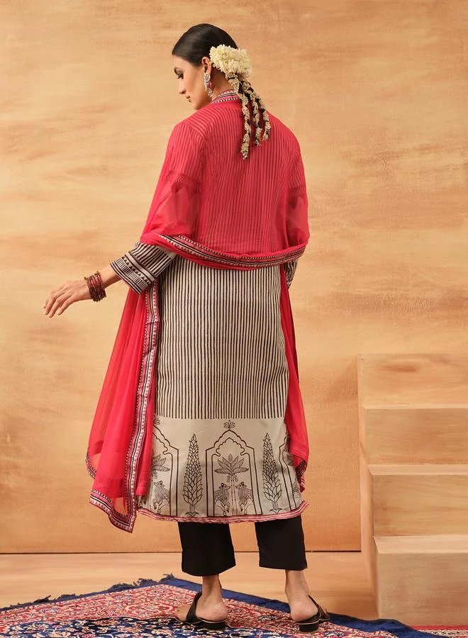 ISHIN Women's Off White Chinon Printed Tunic Top With Ankle Palazzo Straight 3 Peice Kurta Set