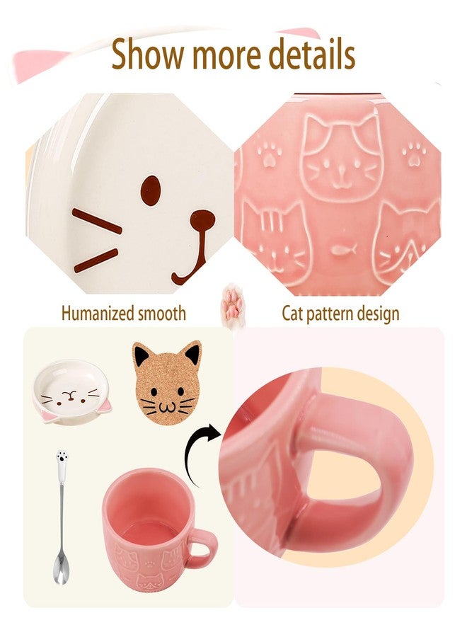 BigNoseDeer Cute Cat Mug Kawaii Tea Cup Pink Ceramic Coffee Mug with Lid,Tea Cups and Saucers cute Cool Preppy Stuff Cute Gifts cat Gifts for Women Cat Lovers Christmas Gift 10oz - Image 3