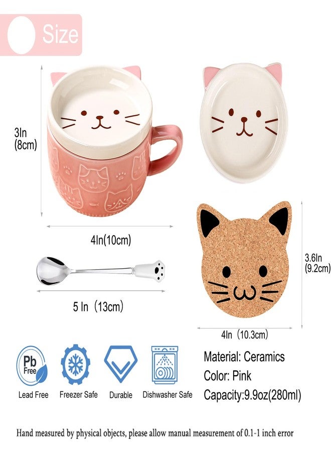 BigNoseDeer Cute Cat Mug Kawaii Tea Cup Pink Ceramic Coffee Mug with Lid,Tea Cups and Saucers cute Cool Preppy Stuff Cute Gifts cat Gifts for Women Cat Lovers Christmas Gift 10oz - Image 4