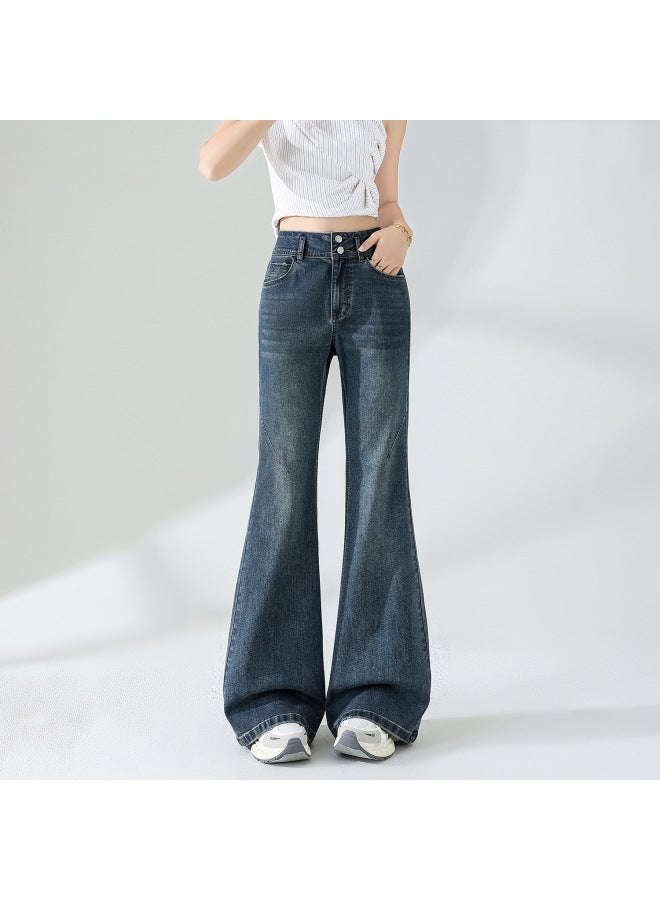 هابي بنطلونات جينز عالية الخصر مفتوحة من الأسفل للنساء، ستايل خريفي، موديل جديد، مقاس ضيق، بنطلونات حوافر الحصان، بنطلونات مفتوحة قليلاً من الأسفل للطوال - Image 1