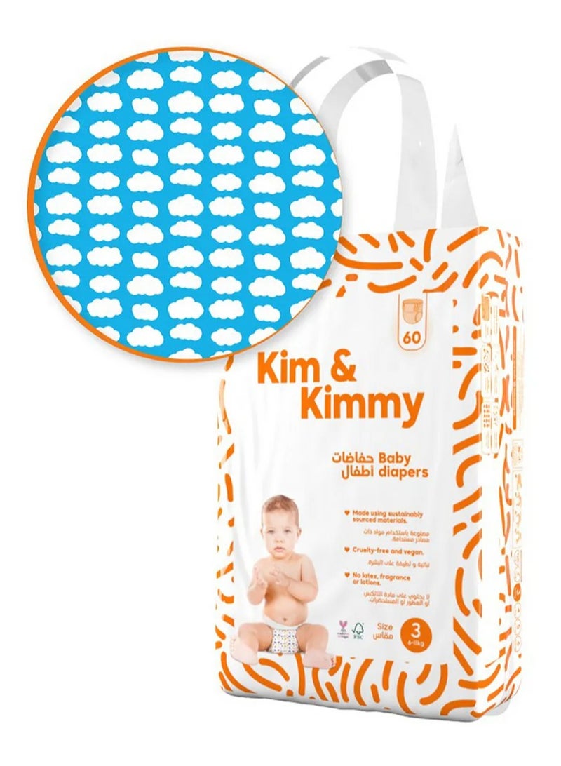 Kim & Kimmy حفاضات ليتل كلاودز بتصميم شريط الراحة مقاس 3، ملائمة آمنة 6-12 كجم - 60 قطعة، حماية من التسرب