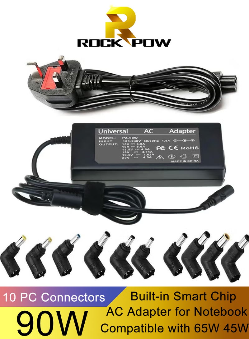 روك بو شاحن كمبيوتر محمول يونيفرسال 90 وات مزود طاقة 15 فولت - 20 فولت مع 10 موصلات متوافقة مع محول تيار متردد 65 وات 45 وات لأجهزة الكمبيوتر المحمول ACER ASUS وHP وLENOVO وThinkPad وSAMSUNG وSONY وTOSHIBA - Image 1