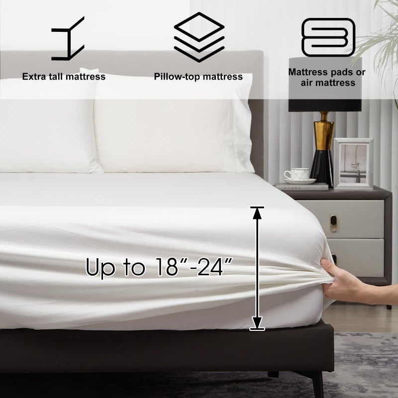 HYPREST 100% Cotton Full Sheets  18""-24"" Deep Pocket Full Sheet Set  White Soft Breathable Sheet Set - Image 3