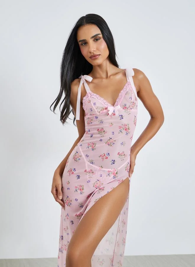 Styli Light Pink Floral Slip with Thigh High Slit and Brief