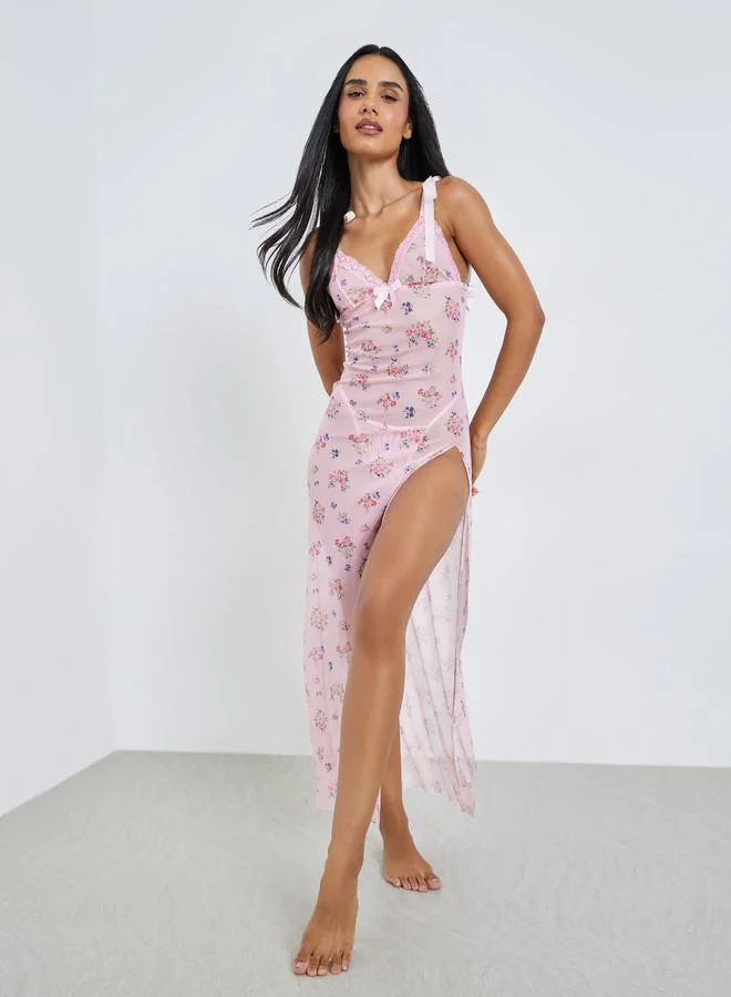 Styli Light Pink Floral Slip with Thigh High Slit and Brief