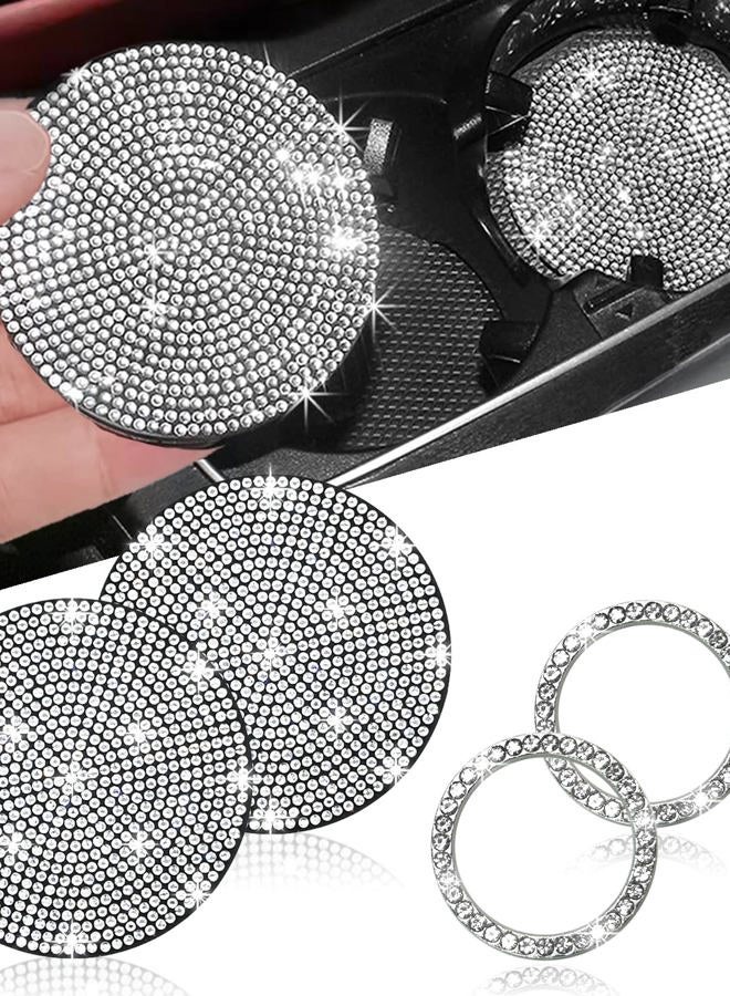 NBTEPEM 2pcs Bling Car Cup Holder Coasters & 2pcs Push Start Button , 2.75 inch Anti-Slip Shockproof Universal Vehicle Coasters Insert, Bling Car Interior Accessories for Women Suits for Most Cars (White) - Image 1