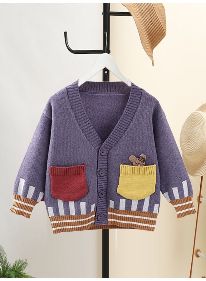 LITTLE SURPRISE BOX Kids Muave Cardigan Sweater V neck with front pockets  - Image 5