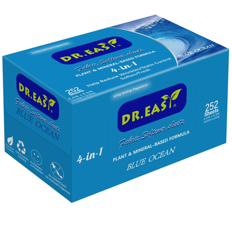 DR. EASY DR.EASY Dryer Sheets Plant Based Formula 252 Ct BLUE OCEAN,Softener sheets for Laundry Unscented No Dyes Reduce Static & Wrinkles Help Repel Pet Hair - Image 1