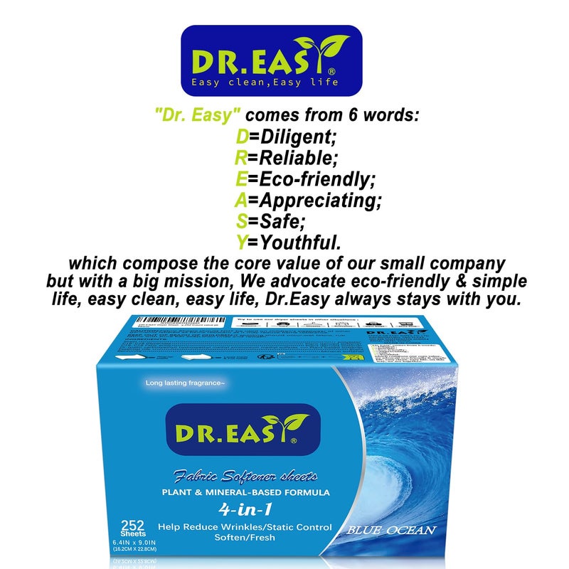 DR. EASY DR.EASY Dryer Sheets Plant Based Formula 252 Ct BLUE OCEAN,Softener sheets for Laundry Unscented No Dyes Reduce Static & Wrinkles Help Repel Pet Hair - Image 5