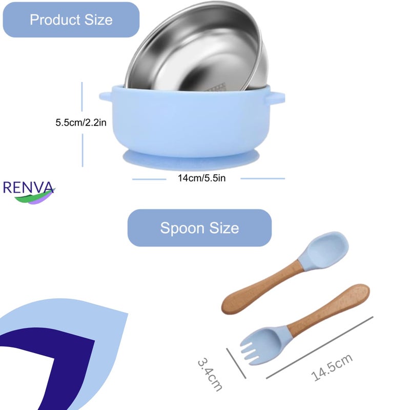 RENVA Set of 2 Silicone Baby Spoons and Forks + Suction Baby Bowls for Baby Food Feeding, Non-Toxic, Non-Slip, Dishwasher Safe.(Blue, Bowl+Spoon+Fork) - Image 2