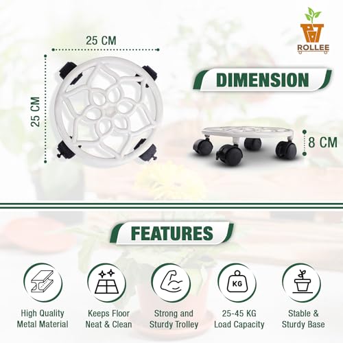 Sharpex Pack of 2 Metal Caddy Iron Dolly on Round Rack Rustproof Sturdy Potted Indoor Outdoor Plant Stand/Trolley With Locking Wheels for Balcony, Living Room, Home and Garden (White) - Image 2