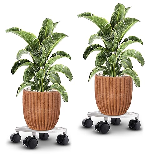 Sharpex Pack of 2 Metal Caddy Iron Dolly on Round Rack Rustproof Sturdy Potted Indoor Outdoor Plant Stand/Trolley With Locking Wheels for Balcony, Living Room, Home and Garden (White) - Image 1