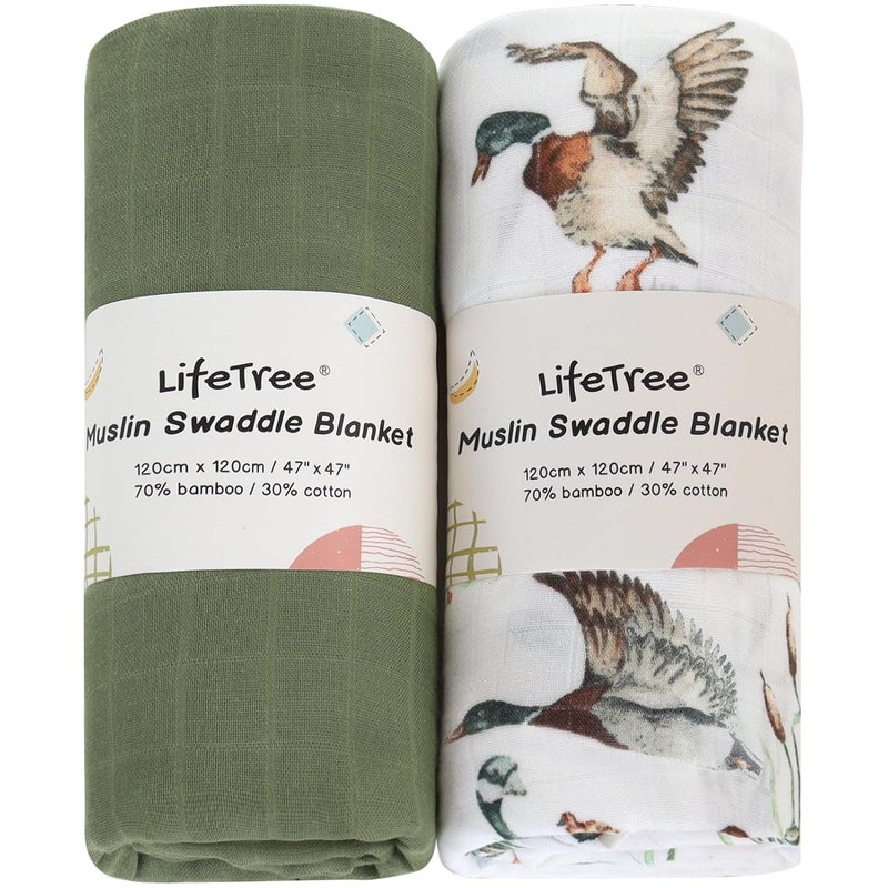 LifeTree Muslin Swaddle Blankets Baby Swaddling Wrap Nursery Receiving Blanket for Boys  Girls 70 Viscose from Bamboo and 30 Cotton Large 47 x 47 inches Mallard DuckOlive Green - Image 1