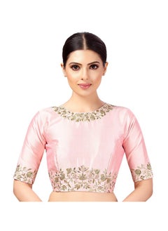Studio Shringaar Studio Shringaar Women's Readymade Art Silk Embroidered Saree Blouse with Elbow Length Sleeves (Light Pink, 42)  - Image 1