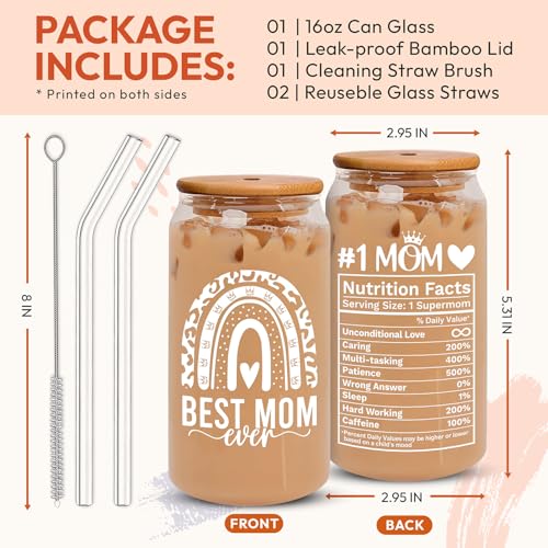 HEXMOZ Mothers Day Gifts for Mom from Daughter, Son, Kids - First Mothers Day Gifts for New Mom, Wife, Mama from Husband - 1st Mother's Day Present Ideas - 16oz Glass Drinking Cup With Straws Gift Box - Image 2