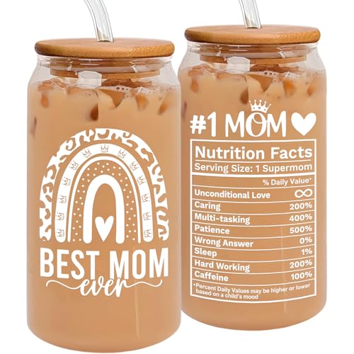 HEXMOZ Mothers Day Gifts for Mom from Daughter, Son, Kids - First Mothers Day Gifts for New Mom, Wife, Mama from Husband - 1st Mother's Day Present Ideas - 16oz Glass Drinking Cup With Straws Gift Box - Image 1