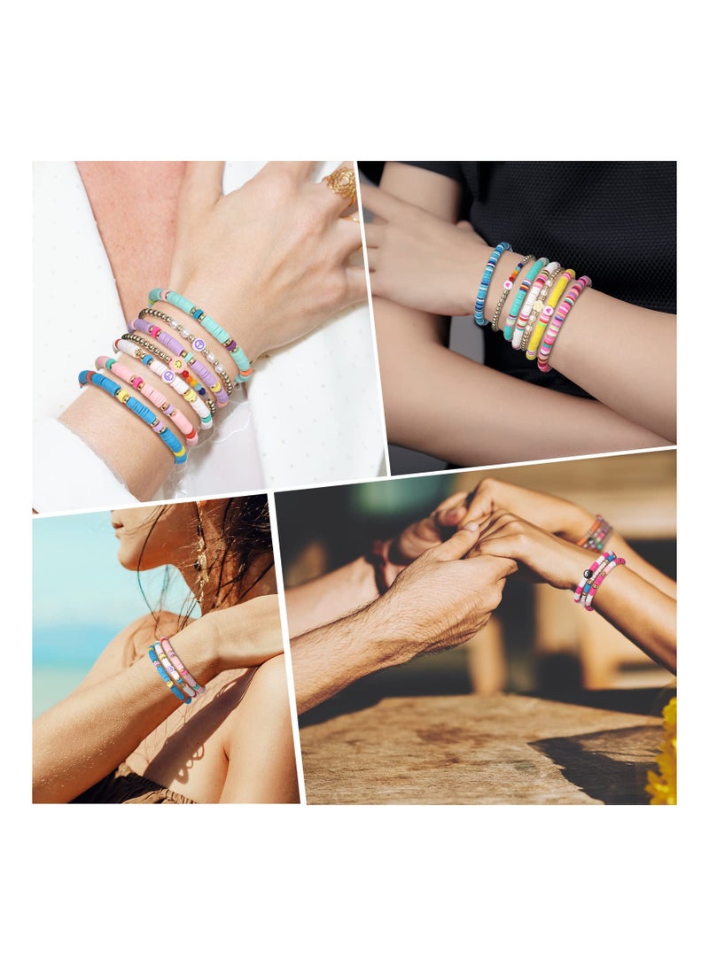 SOLARAE Colorful Heishi Surfer Bracelets Set - 28 Pcs of Preppy Happy Smile Evil Eye Beaded Stretch Bracelets, 4 Sets of Stackable Clay Disc Boho Jewelry for Women, Y2K Aesthetic Summer Beach Style. - Image 5
