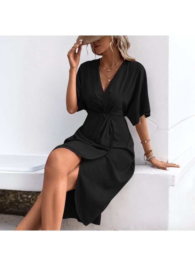 Song Feng Ya Best Casual Dating Minimalist Style Raglan Sleeve Solid Color Irregular Dress - Image 2