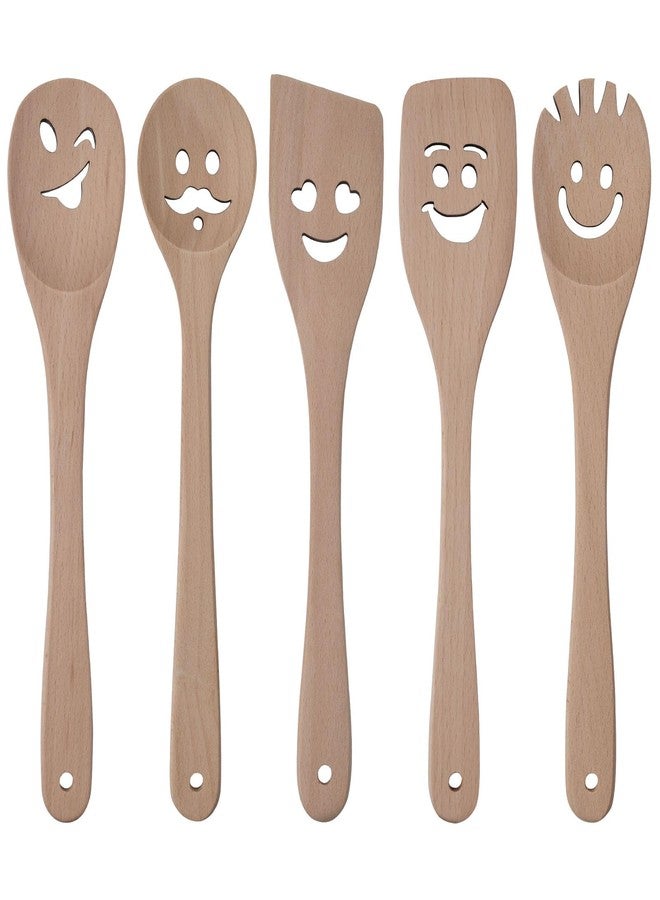 HansGo مجموعة 5 قطع من ملاعق الخشب HANSGO للطهي، مجموعة أدوات خشبية مضحكة مع وجوه مبتسمة، ملحقات مطبخ لطيفة، أفضل هدايا للطهي لمناسبات الانتقال والزفاف والعطلات - Image 1