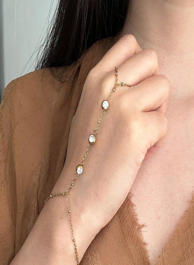 HTH Hand Chain Bracelet for Women Rhinestone Finger Ring Bracelet Hand Chain Adjustable Summer Finger Jewelry(Gold) - Image 3