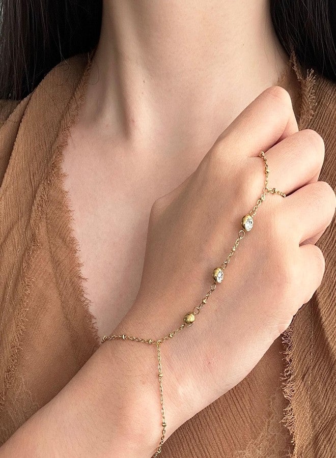 HTH Hand Chain Bracelet for Women Rhinestone Finger Ring Bracelet Hand Chain Adjustable Summer Finger Jewelry(Gold) - Image 2