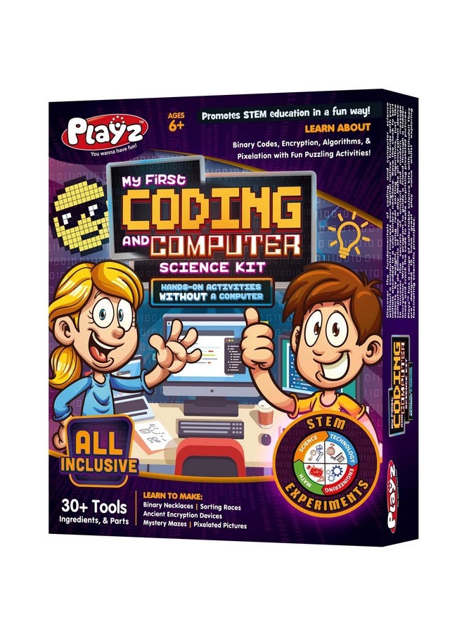 Playz Playz My First Coding & Computer Science Kit - Learn About Binary Codes, Encryption, Algorithms & Pixelation Through Fun Puzzling Activities Without Using a Computer for Boys, Girls, Teenagers, Kids  - Image 1