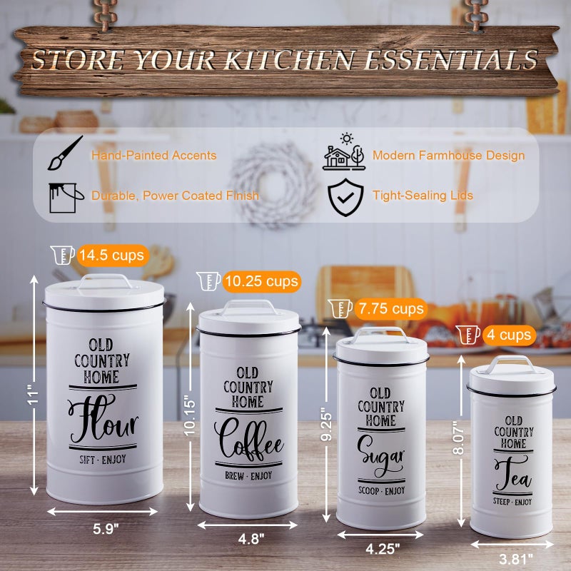 DAYYET Canisters Sets for the Kitchen, Airtight Kitchen Canisters for Countertop, Flour and Sugar Containers, Tea Coffee Sugar Canister Set, Coffee Bar Decor and Accessories, Set of 4, White - Image 2